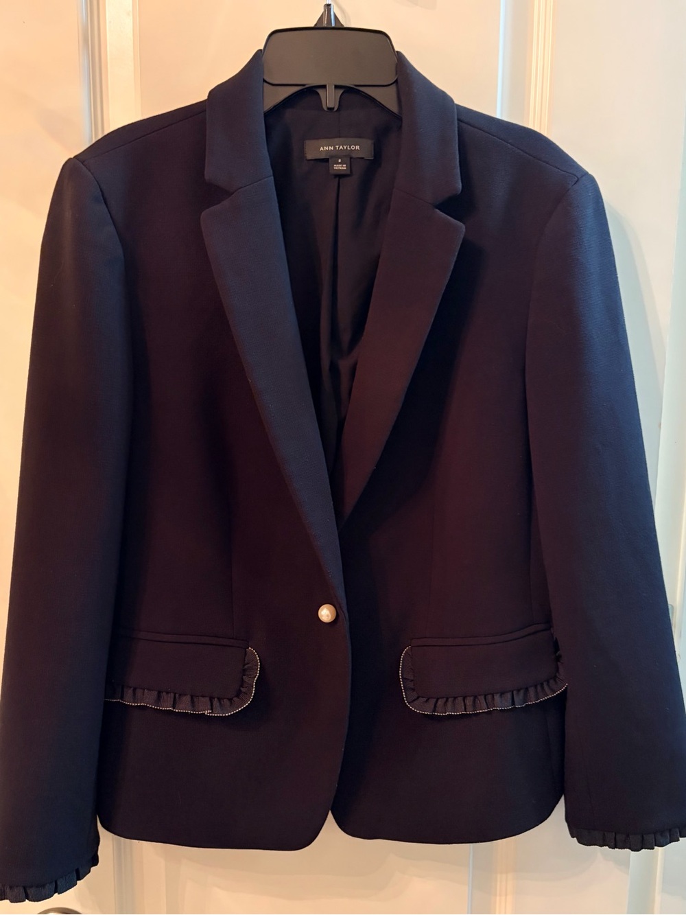 Ann Taylor Black One-Button Pea & Ruffle-Trim Blazer